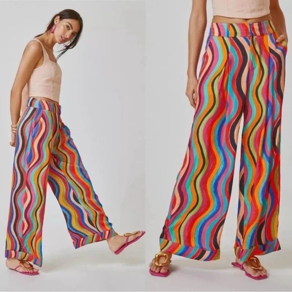 Farm Rio x Anthropologie Striped Rainbow Squiggly Trouser Pants size M